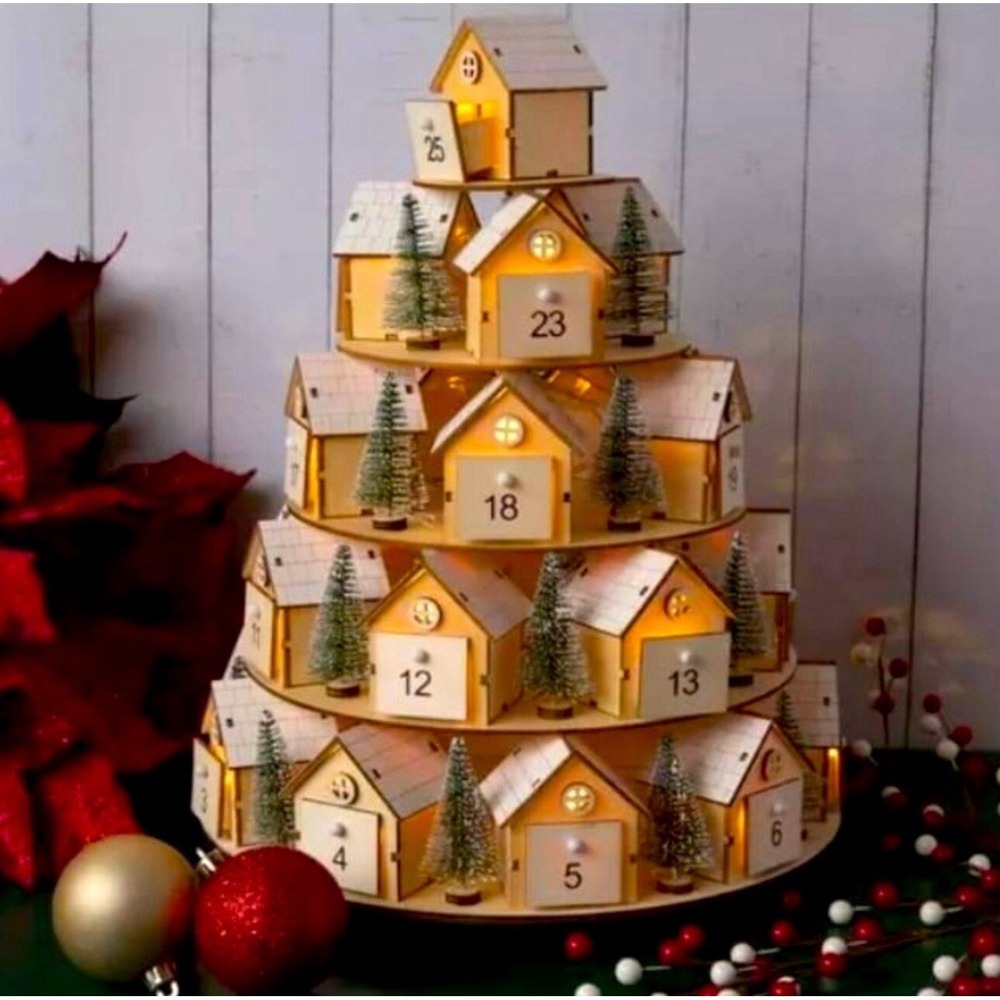 Hobby Lobby Light Up 5 Tier Wooden Rotating‎ Village Advent Calendar Decor